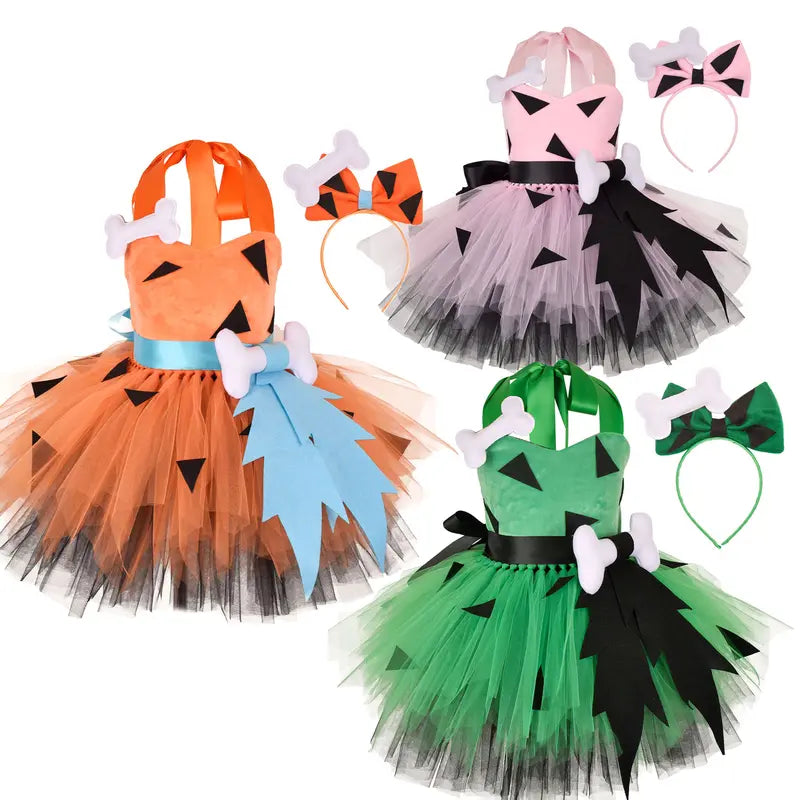Kids Girls Caveman Costume Cavegirl Tulle Dress with Headpiece Stone Age Outfit Halloween Cosplay Dress Up Photo Shoot