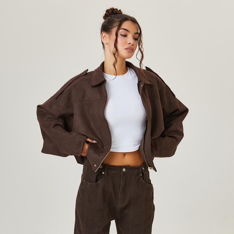 Women's Winter Vintage Solid Color Collared Zipper Long Sleeve Jacket, Cozy Outerwear for Lady