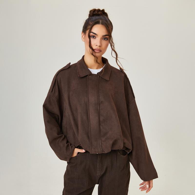 Women's Winter Vintage Solid Color Collared Zipper Long Sleeve Jacket, Cozy Outerwear for Lady