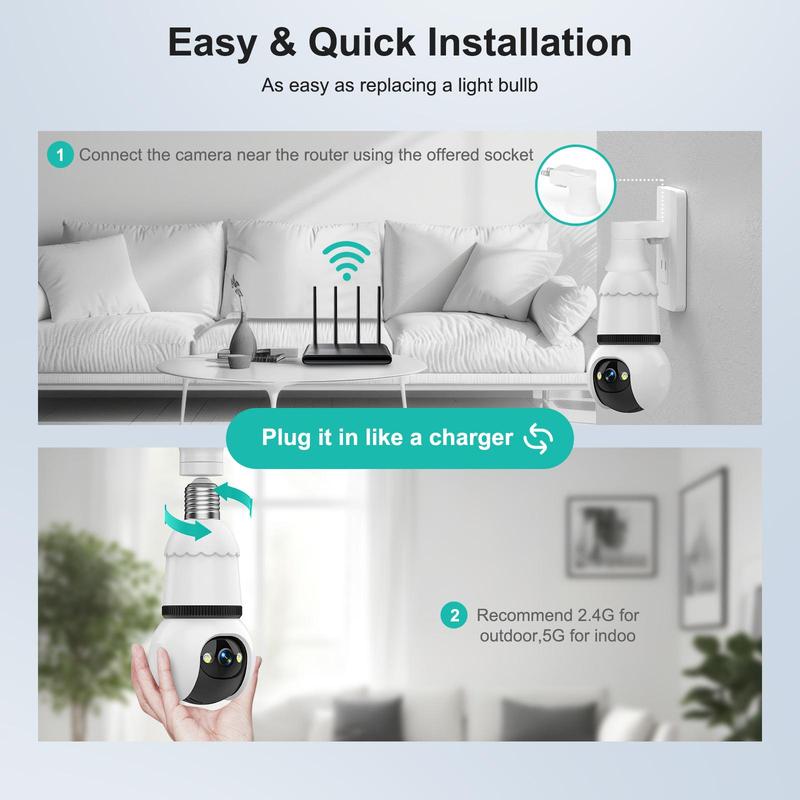 4MP Light Bulb Security Camera 5G and 2.4GHz wireless indoor/outdoor security camera with night vision, motion detection, 360° Pan/Tilt remote viewing, and real-time alerts-Light bulb