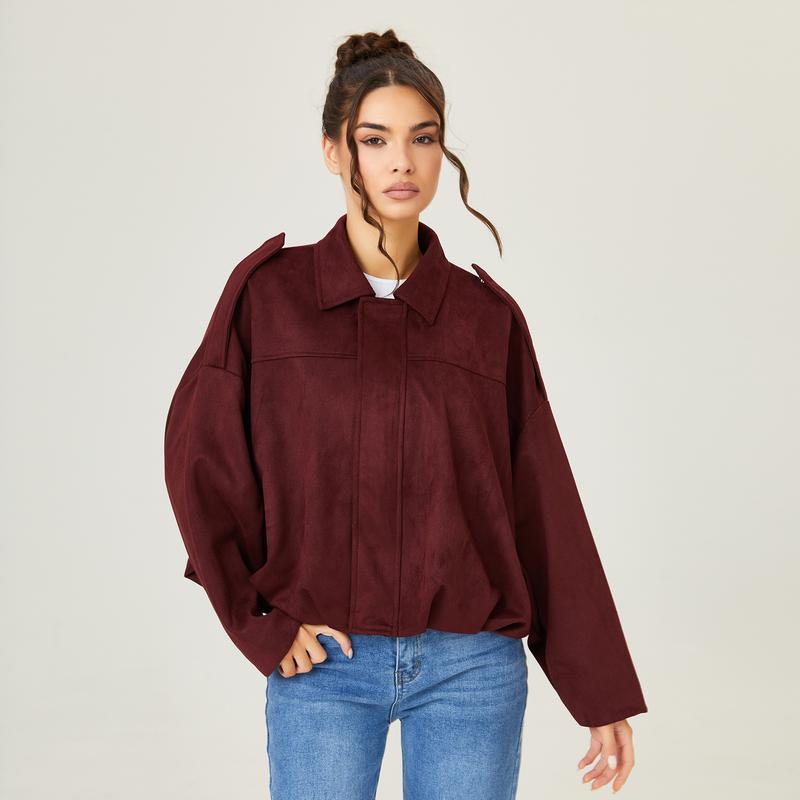 Women's Winter Vintage Solid Color Collared Zipper Long Sleeve Jacket, Cozy Outerwear for Lady