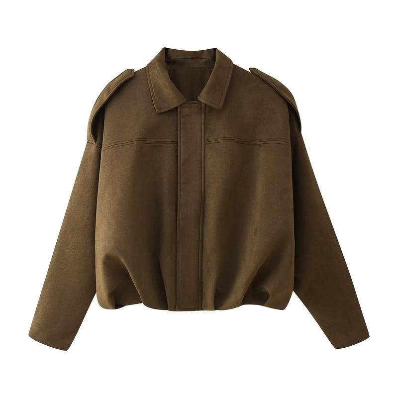 Women's Winter Vintage Solid Color Collared Zipper Long Sleeve Jacket, Cozy Outerwear for Lady