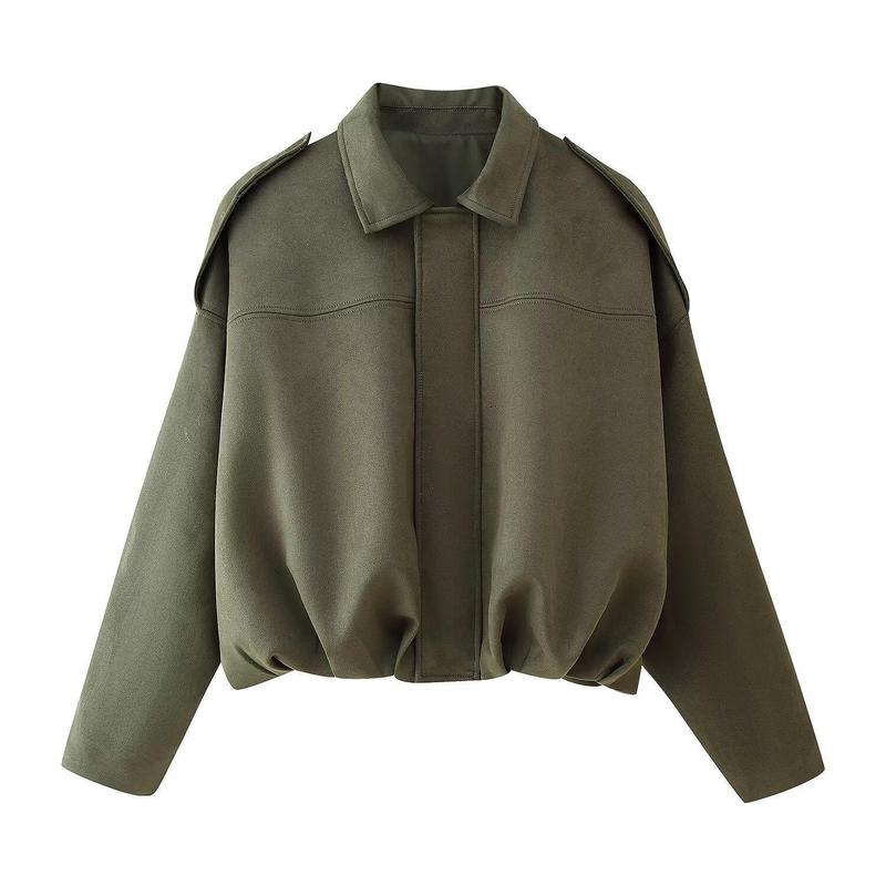 Women's Winter Vintage Solid Color Collared Zipper Long Sleeve Jacket, Cozy Outerwear for Lady