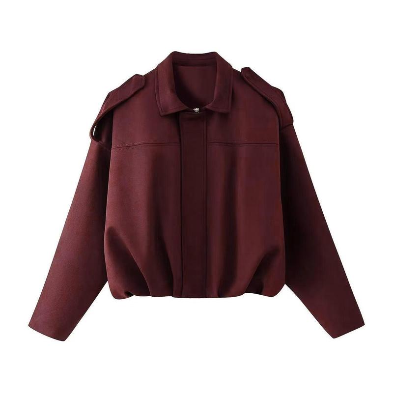Women's Winter Vintage Solid Color Collared Zipper Long Sleeve Jacket, Cozy Outerwear for Lady