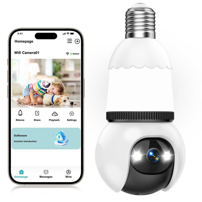 4MP Light Bulb Security Camera 5G and 2.4GHz wireless indoor/outdoor security camera with night vision, motion detection, 360° Pan/Tilt remote viewing, and real-time alerts-Light bulb