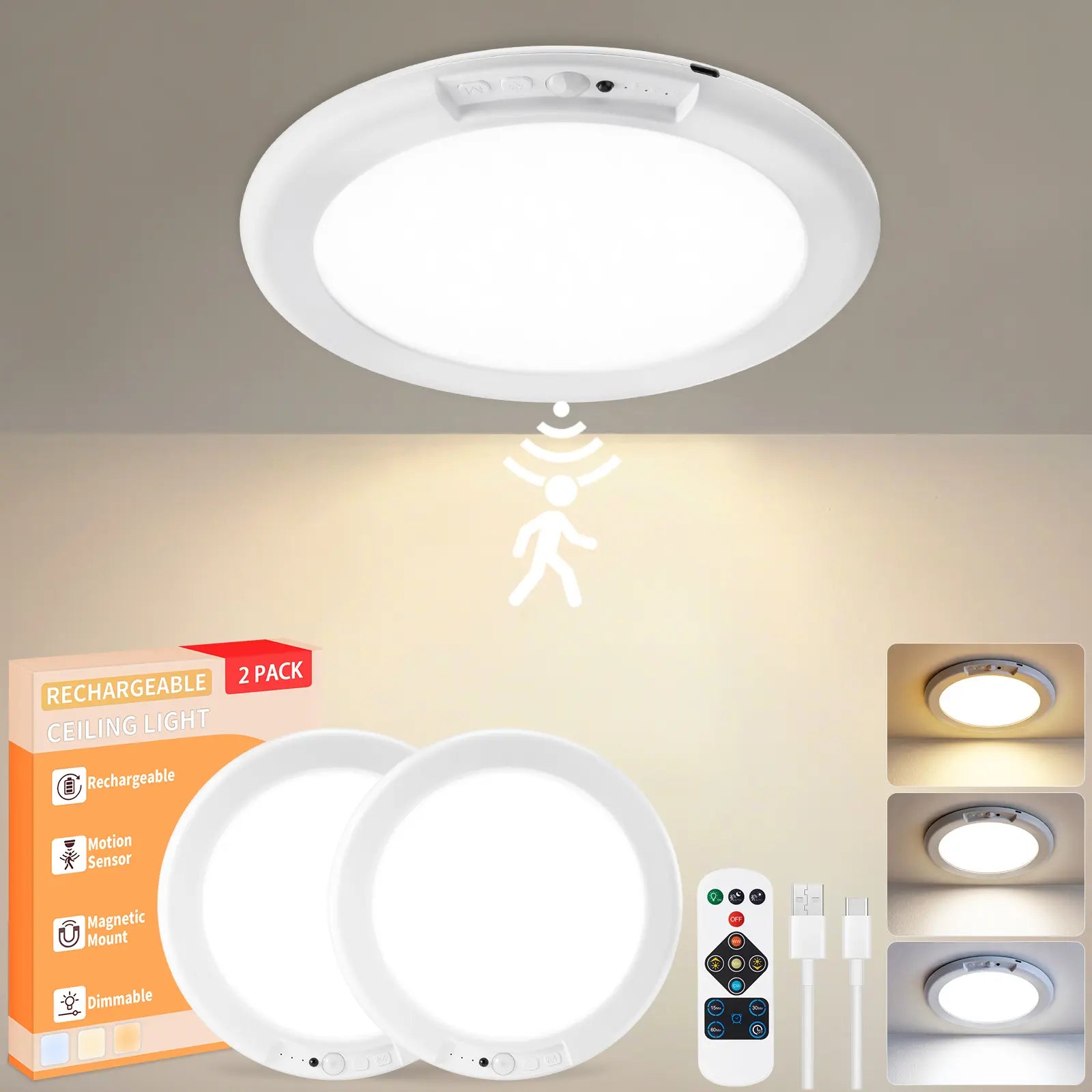 🔋Rechargeable Motion Sensor LED Ceiling Light