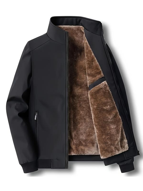 Men's Autumn And Winter Warm Fleece Jacket Casual Outdoor Coat Plain Beige Tops