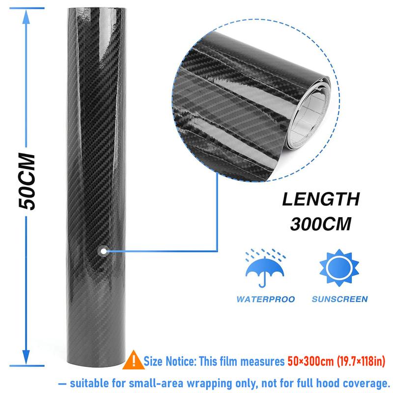 20" x 10FT / 50CM*300CM Gloss Carbon Fiber Car Wrap Vinyl Bubble Free Air Release Adhesive Car Wrap Film Roll Automotive DIY Decals With Installation Tools
