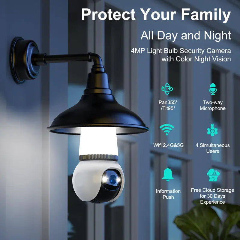 4MP Light Bulb Security Camera 5G and 2.4GHz wireless indoor/outdoor security camera with night vision, motion detection, 360° Pan/Tilt remote viewing, and real-time alerts-Light bulb