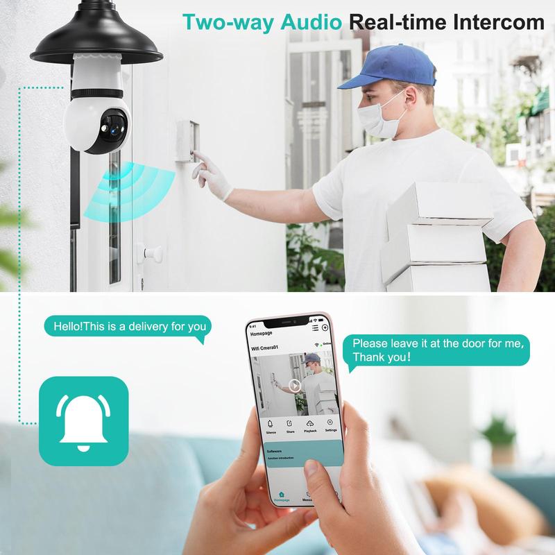 4MP Light Bulb Security Camera 5G and 2.4GHz wireless indoor/outdoor security camera with night vision, motion detection, 360° Pan/Tilt remote viewing, and real-time alerts-Light bulb
