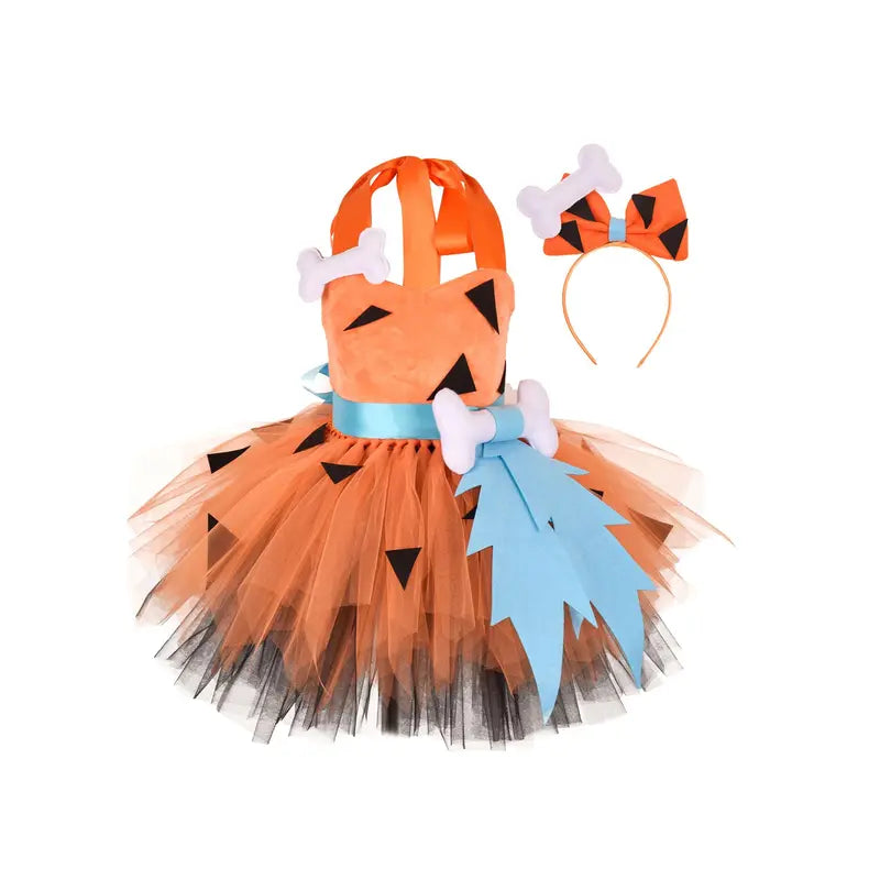 Kids Girls Caveman Costume Cavegirl Tulle Dress with Headpiece Stone Age Outfit Halloween Cosplay Dress Up Photo Shoot