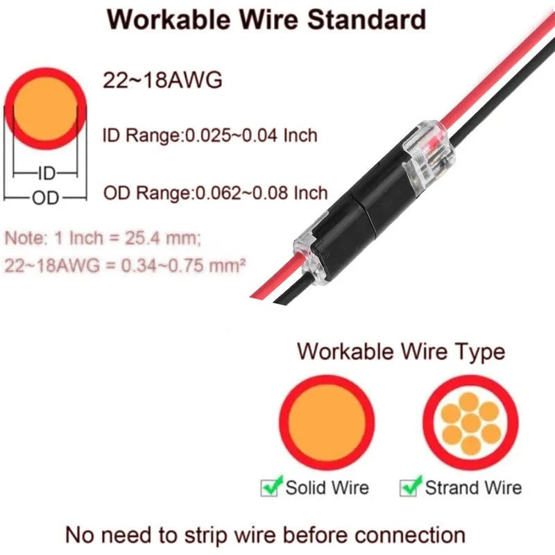 🔌Solderless Wire Connector – Compact Plug for LED Strips & 18–22 AWG Cables