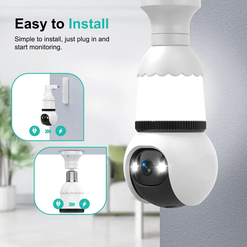 4MP Light Bulb Security Camera 5G and 2.4GHz wireless indoor/outdoor security camera with night vision, motion detection, 360° Pan/Tilt remote viewing, and real-time alerts-Light bulb
