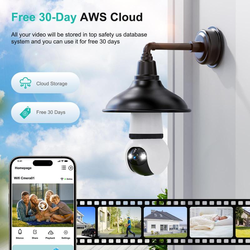 4MP Light Bulb Security Camera 5G and 2.4GHz wireless indoor/outdoor security camera with night vision, motion detection, 360° Pan/Tilt remote viewing, and real-time alerts-Light bulb