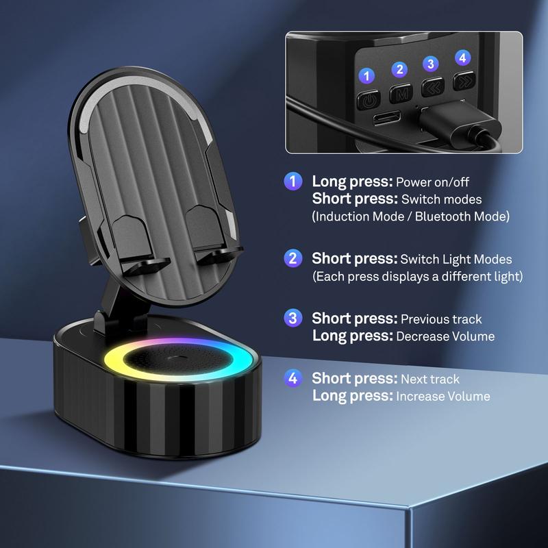 5in1 Wireless Speaker Cell Phone Stand with Bluetooth/Induction Audio & Atmosphere Light/Power Bank