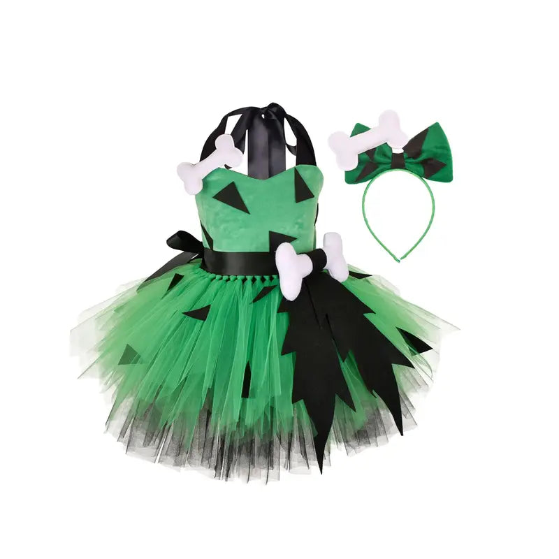 Kids Girls Caveman Costume Cavegirl Tulle Dress with Headpiece Stone Age Outfit Halloween Cosplay Dress Up Photo Shoot