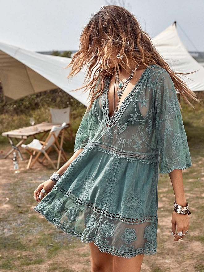 Elegance: Contrast Lace V-Neck Beach Dress ✨