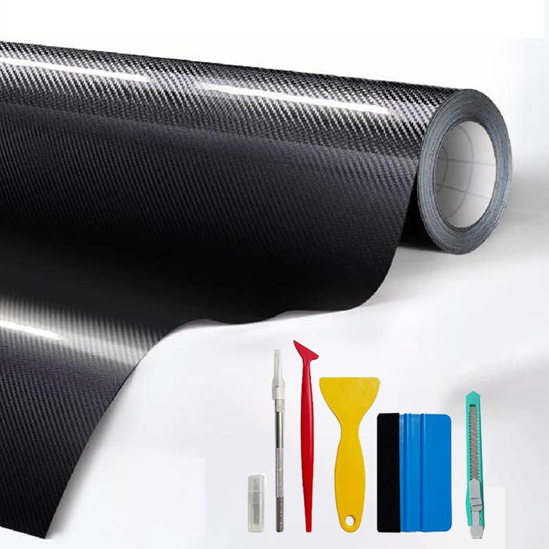 20" x 10FT / 50CM*300CM Gloss Carbon Fiber Car Wrap Vinyl Bubble Free Air Release Adhesive Car Wrap Film Roll Automotive DIY Decals With Installation Tools