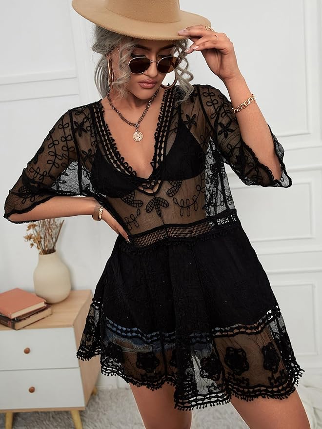Elegance: Contrast Lace V-Neck Beach Dress ✨