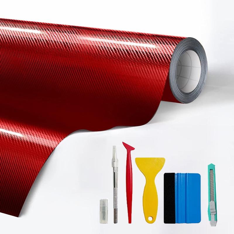 20" x 10FT / 50CM*300CM Gloss Carbon Fiber Car Wrap Vinyl Bubble Free Air Release Adhesive Car Wrap Film Roll Automotive DIY Decals With Installation Tools