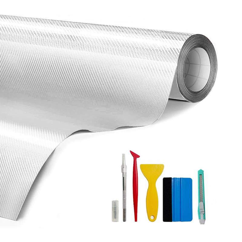 20" x 10FT / 50CM*300CM Gloss Carbon Fiber Car Wrap Vinyl Bubble Free Air Release Adhesive Car Wrap Film Roll Automotive DIY Decals With Installation Tools