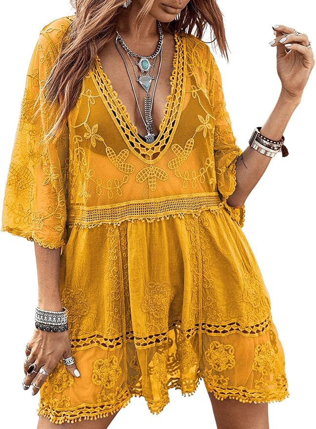 Elegance: Contrast Lace V-Neck Beach Dress ✨