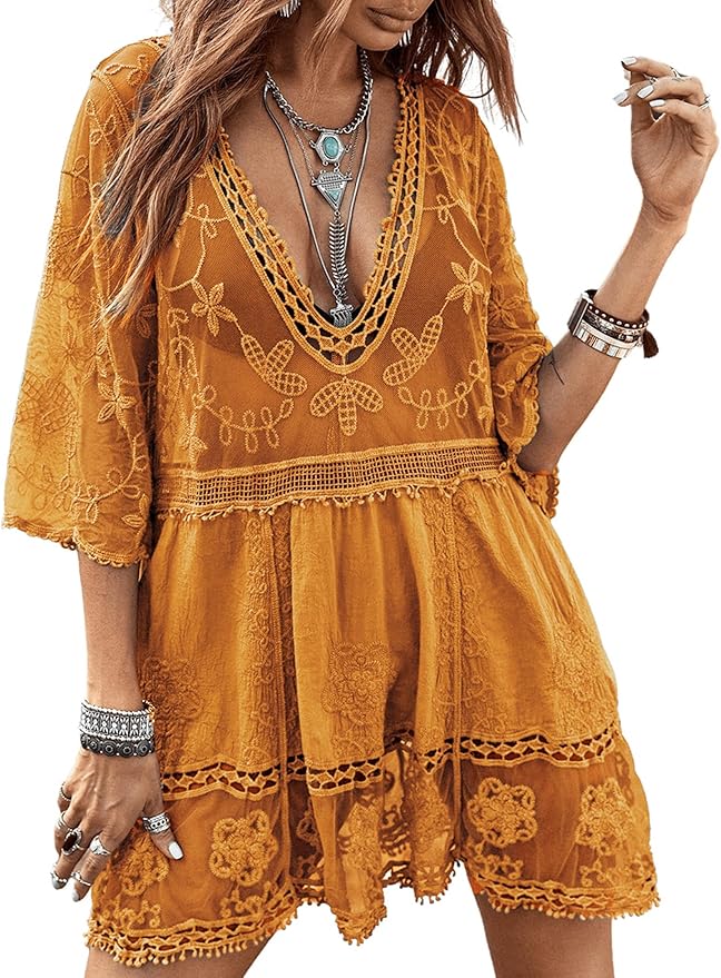 Elegance: Contrast Lace V-Neck Beach Dress ✨